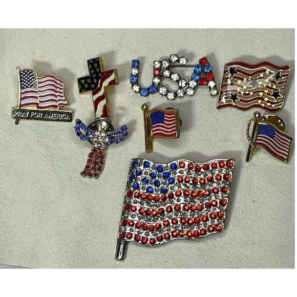 Vintage Patriotic American Flag Brooch Pin Lot 7 Piece USA Flag, Eagle, Cross - Picture 2 of 2
